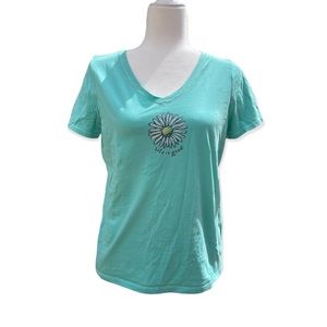 Life Is Good Light Blue Turquoise Daisy Graphic V-Neck Short Sleeve